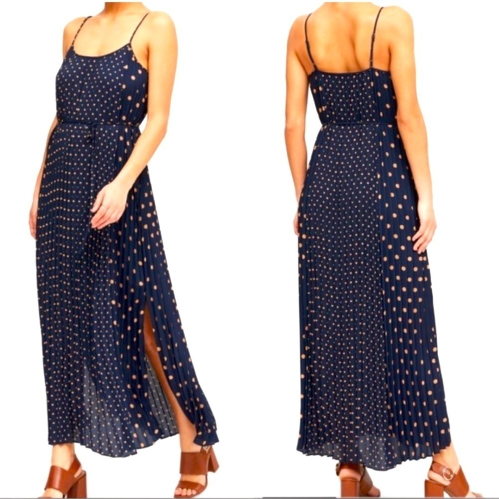 BANANA REPUBLIC Sz 0 Maxi Dress Two Sizes of Polka Dots Pleats Spaghetti Straps